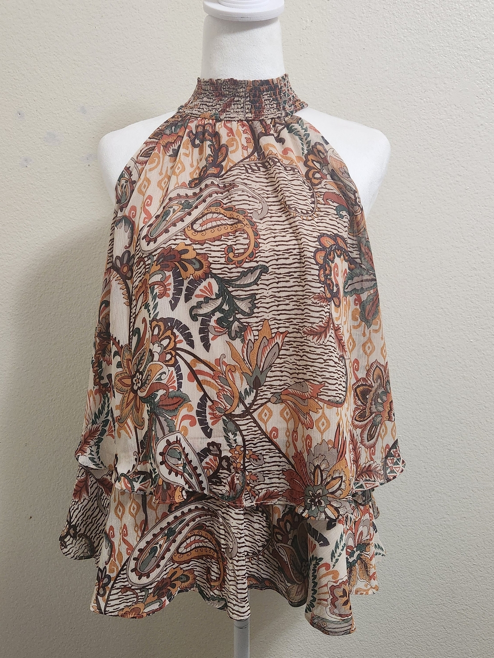 CeCe Halter Blouse Size Large Smocked High Neck Tiered Floral Paisley Top Boho